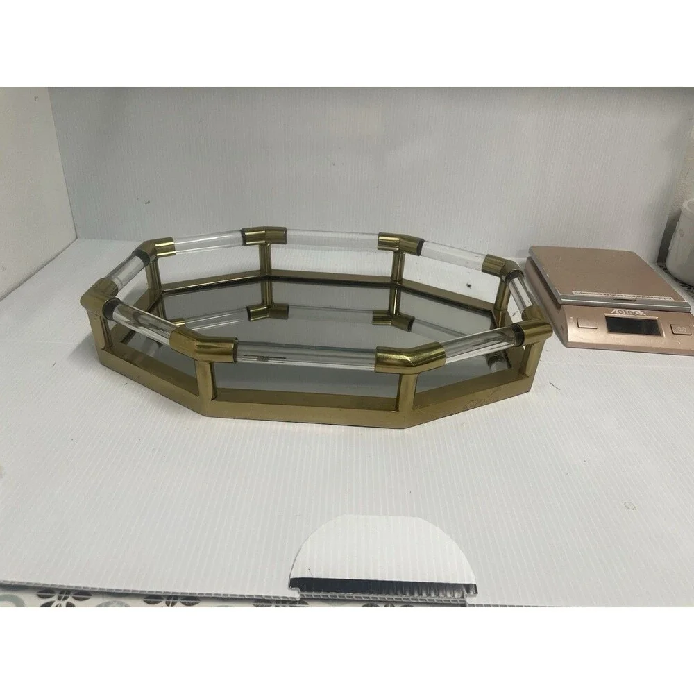 Jacques Style Octagon Big Tray Acrylic Glass Gold Tone Mirror